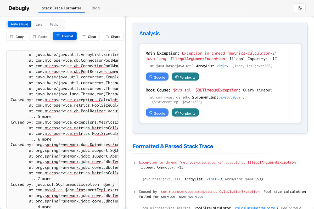 Debugly stack trace formatter displaying complex nested IllegalArgumentException from Spring Boot microservice connection pool sizing with SQLTimeoutException root cause