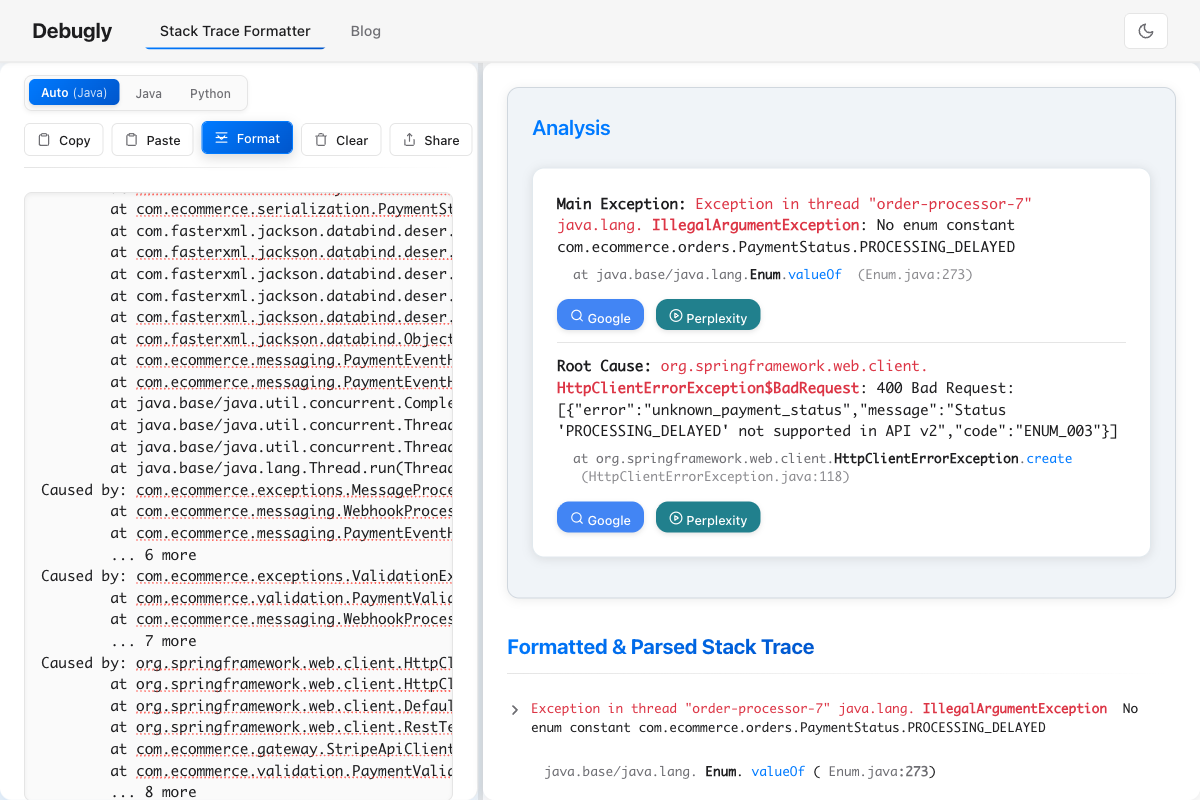 Debugly stack trace formatter showing complex nested IllegalArgumentException from e-commerce payment processing with Jackson deserialization and external API integration failure chain
